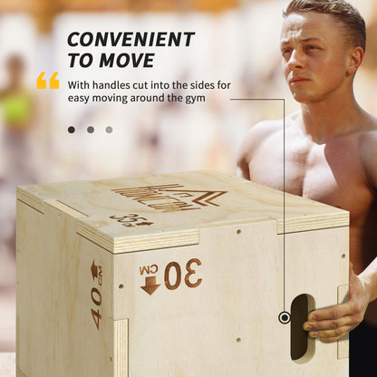 HOMCOM 3-in-1 Wooden Plyo Box, Plyometric Jump Box with Handle Openings for Home Gym, 12" x 14" x 16", Natural