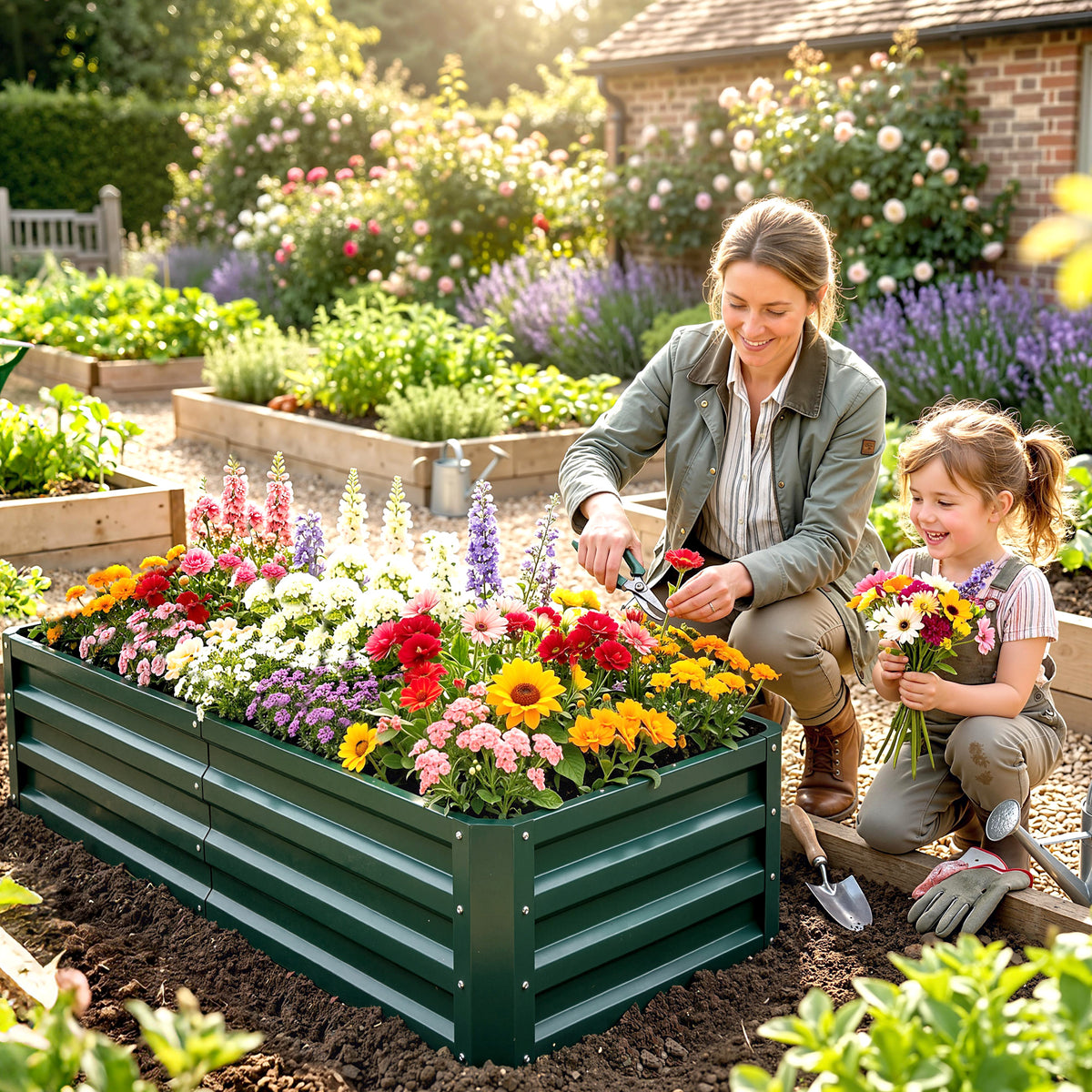 Outsunny Raised Beds for Garden, Galvanized Outdoor Planters, for Herbs and Vegetables, Use for Patio, Backyard, Balcony, Green