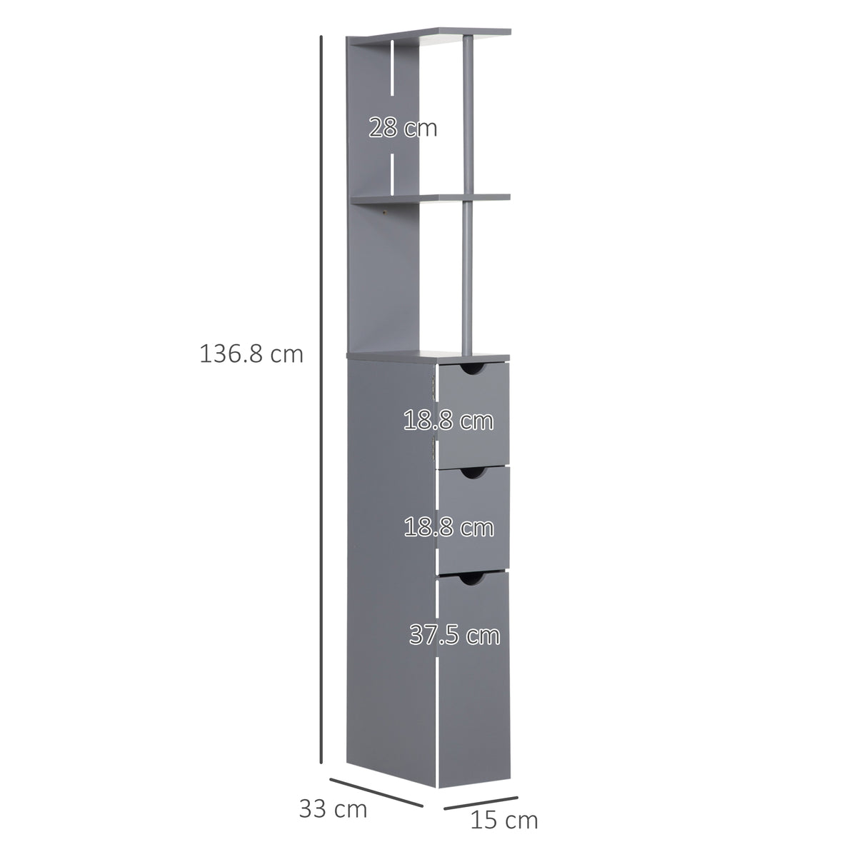 HOMCOM Tall Bathroom Cabinet, Freestanding Slim Bathroom Storage Cabinet with 2-Tier Open Shelf and 2 Drawers for Small Space, Narrow Cupboard Storage Unit, Grey
