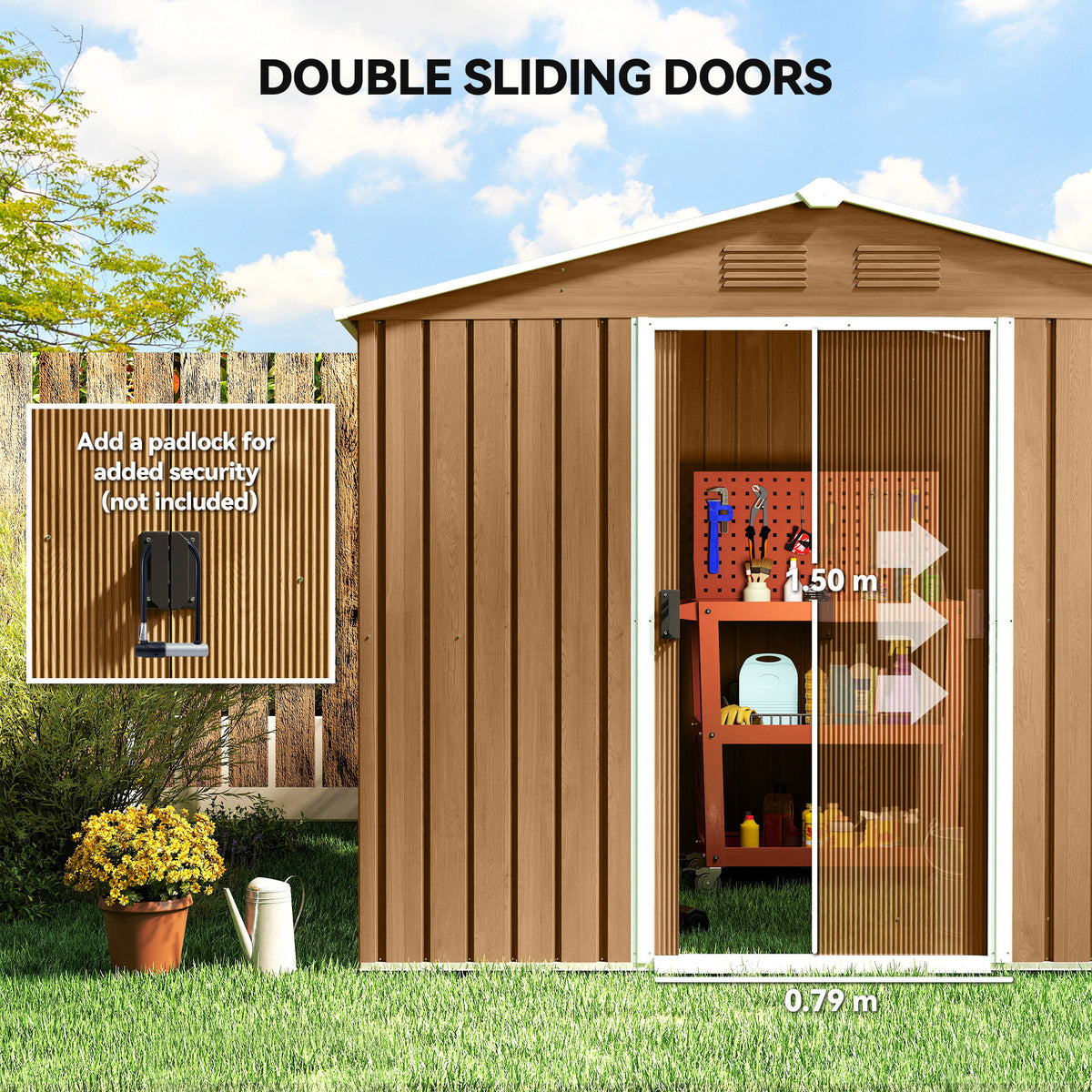 Outsunny 8 x 6ft Galvanised Steel Shed, with Double Door - Brown
