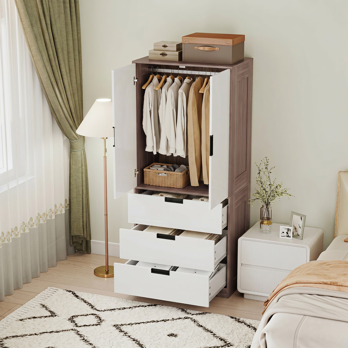 HOMCOM Modern Clothes Storage Cupboard Unit, 3 Drawer 2 Door Wardrobe with Hanging Rod, White/Brown