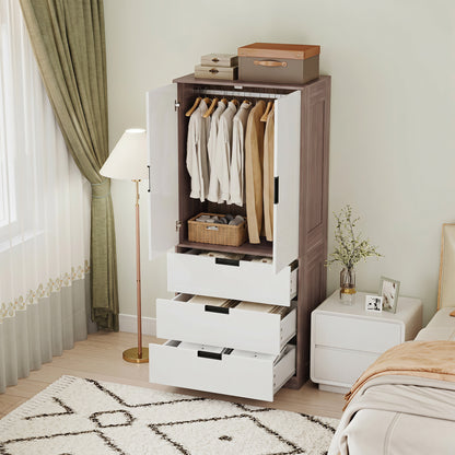 HOMCOM Modern Clothes Storage Cupboard Unit, 3 Drawer 2 Door Wardrobe with Hanging Rod, White/Brown