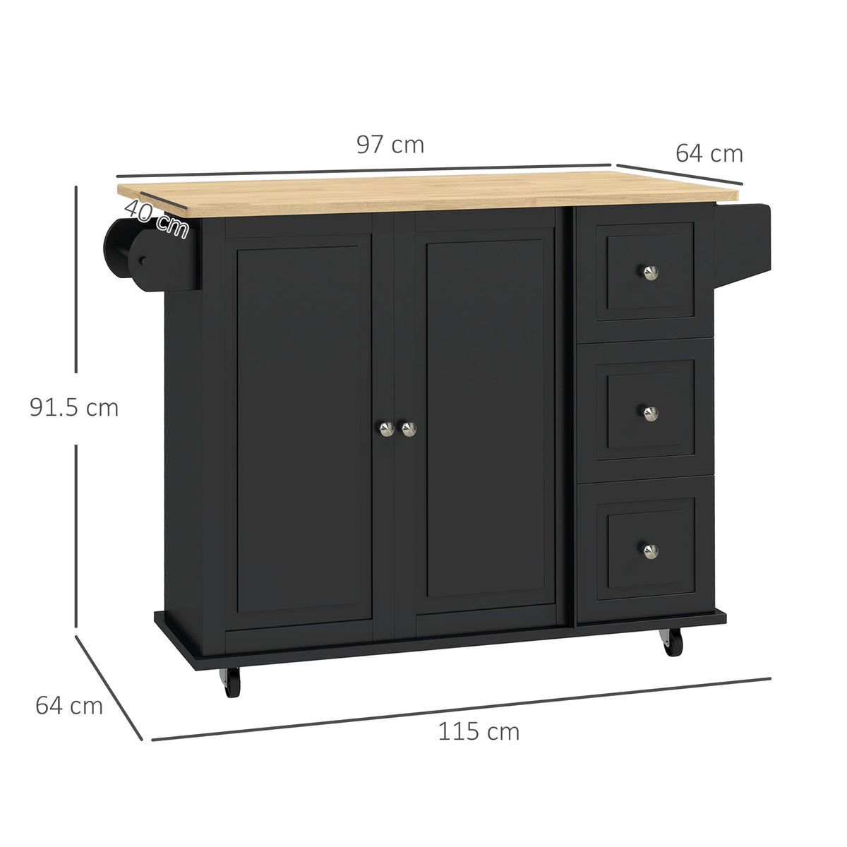 HOMCOM Kitchen Island with Drop Leaf, Rolling Kitchen Storage Trolley on Wheels with 3 Drawers, Black