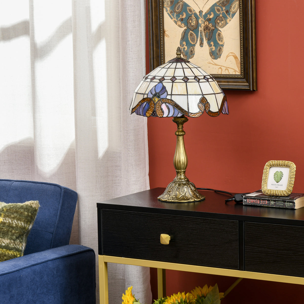 HOMCOM Tiffany Stained Glass Table Lamp, Handmade Antique Bedside Lamp, Decorative Night Light for Bedroom, Living room, Home, Nightstand