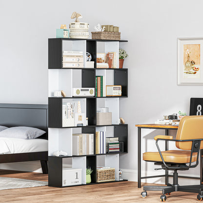 HOMCOM Bookcase, S-Shaped Wooden Bookshelf, 5/6 Tiers Freestanding Storage Shelf, Home Office Decorative Display Stand Rack, Black and White, 24D x 60W x 184.5H