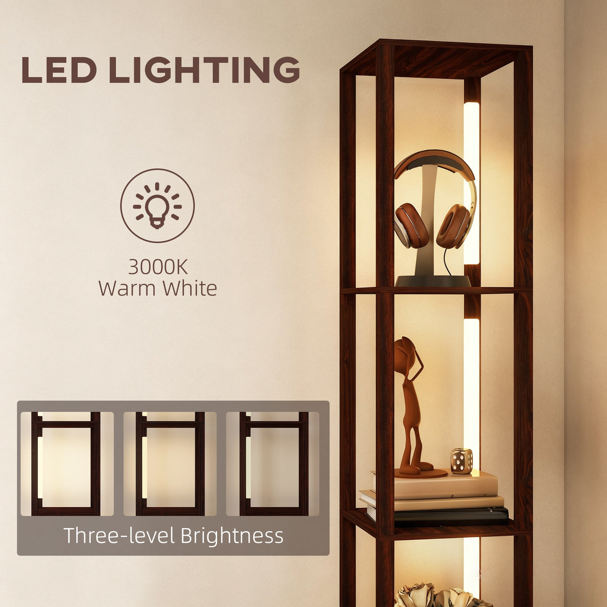 HOMCOM Floor Lamp with Shelves, LED Column Modern Standing Lamp with Fabric Drawer, Adjustable Brightness, Foot Switch for Living Room, Bedroom, Office, Dark Brown