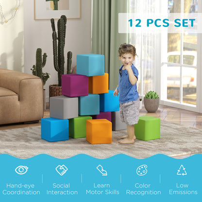 HOMCOM 12 PCs Soft Play Blocks, Soft Foam Toy, Building and Stacking Blocks for Kids, Grey