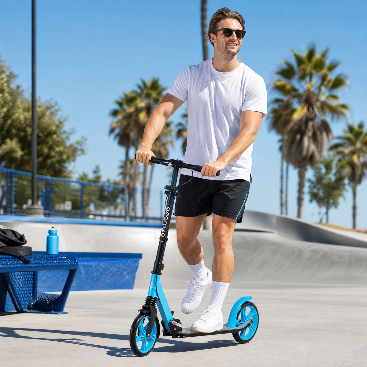 HOMCOM One-click Folding Kick Scooter for 14+ w/ Adjustable Handlebar, Push Scooter with Kickstand, Dual Brake System, Blue