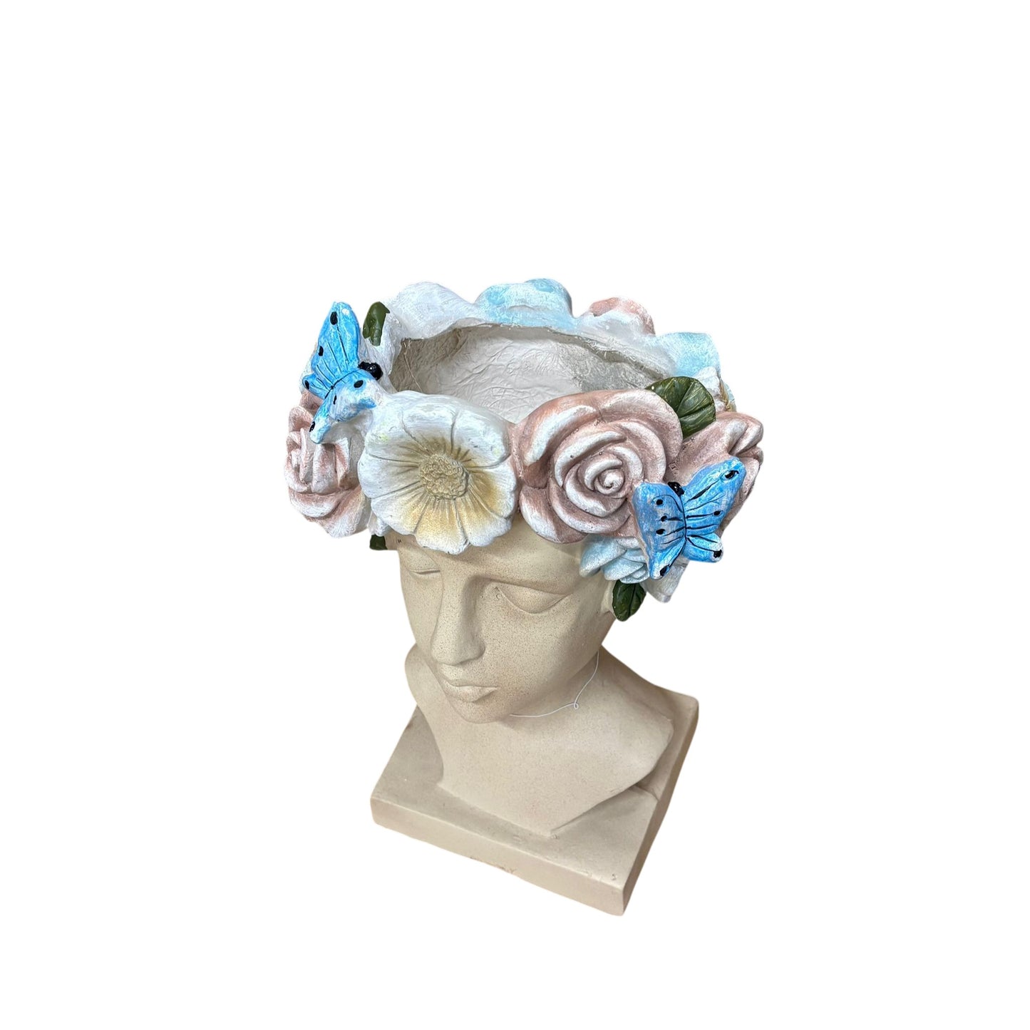AcaciaHome Modern 42cm Fibreglass Easter Island TIKI Lady Head Planter, Unique Floral & Butterfly Plant Pot, Durable Weather-Resistant Indoor Outdoor Use for Patio Balcony Living Room (Multicolour)