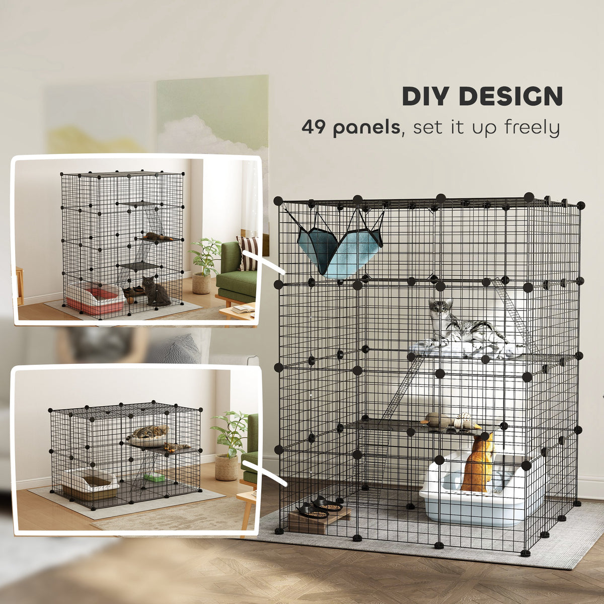 PawHut Steel Wire Cat Cage Indoor with Hammock, Ramps, Doors, DIY Cat Enclosure for 1-3 Cats, Black