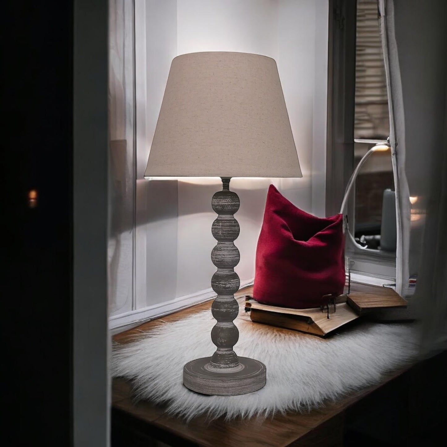 AcaciaHome Modern Tall Wooden Washed Table Lamp - Traditional Shabby Chic Design with Taupe Linen Shade, Wood Effect Finish for Living Rooms, Bedrooms, or Hallways Decor (42cm Dark Grey with Shade)