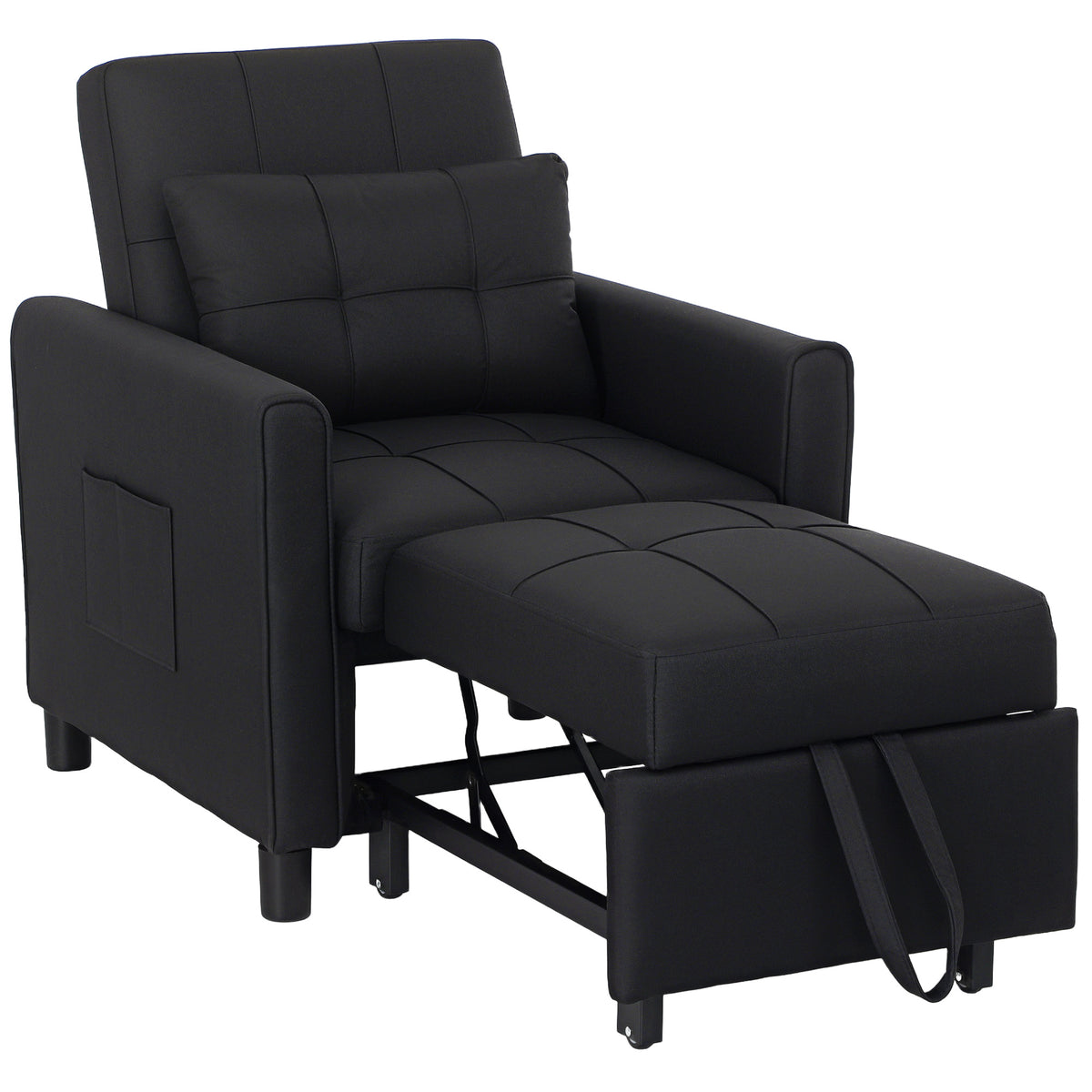 HOMCOM 3-In-1 Linen-Look Single Chair Bed with 11cm Thick Adjustable Back & Eucalyptus Wood Sofa Frame - Black