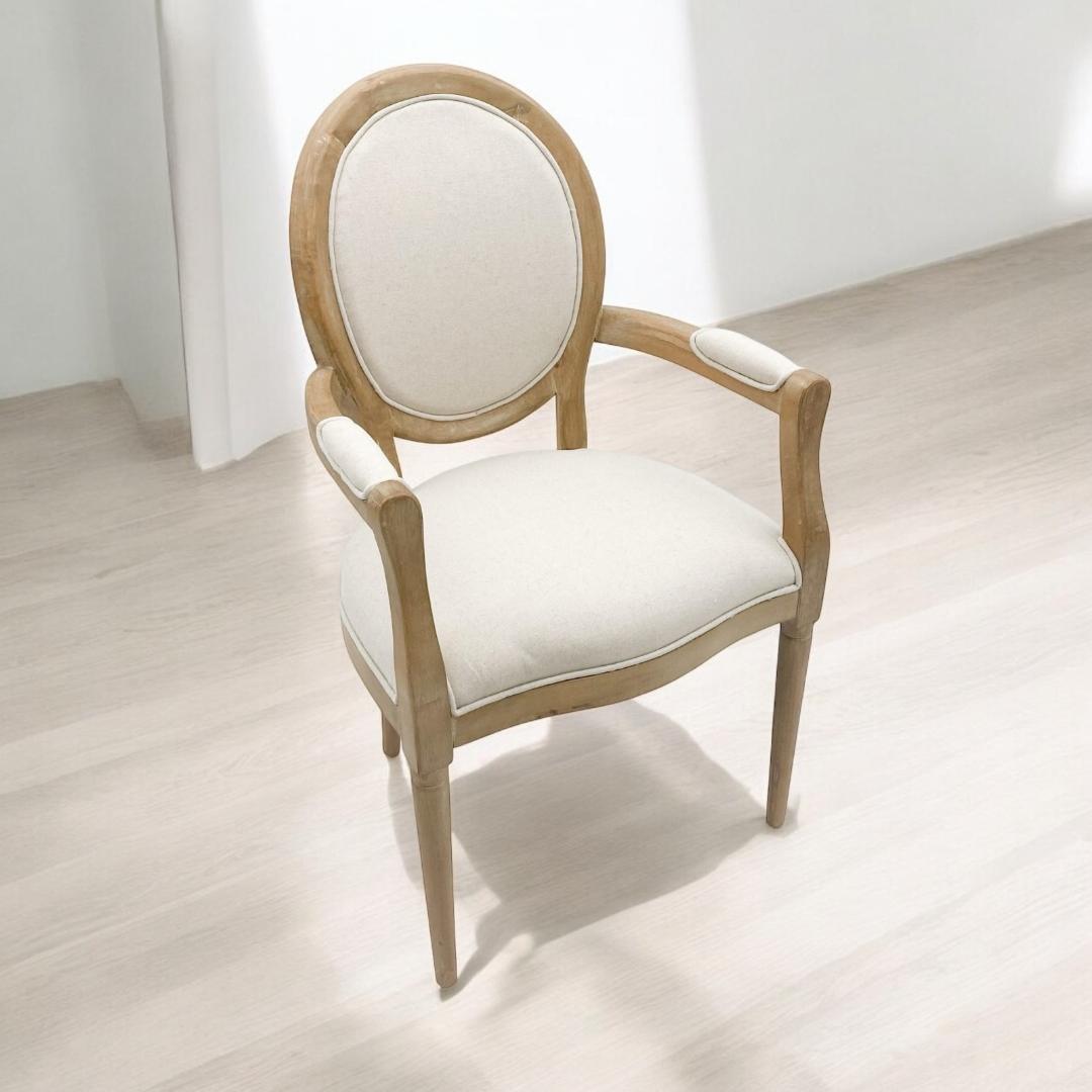 Elegant and Comfortable 94CM Louis Style Cream Linen Armchair - Oak/Grey Frame French Style Dining Chair with High Back Design for Modern Home Décor or Dining Spaces (Oak Frame Cream Linen)