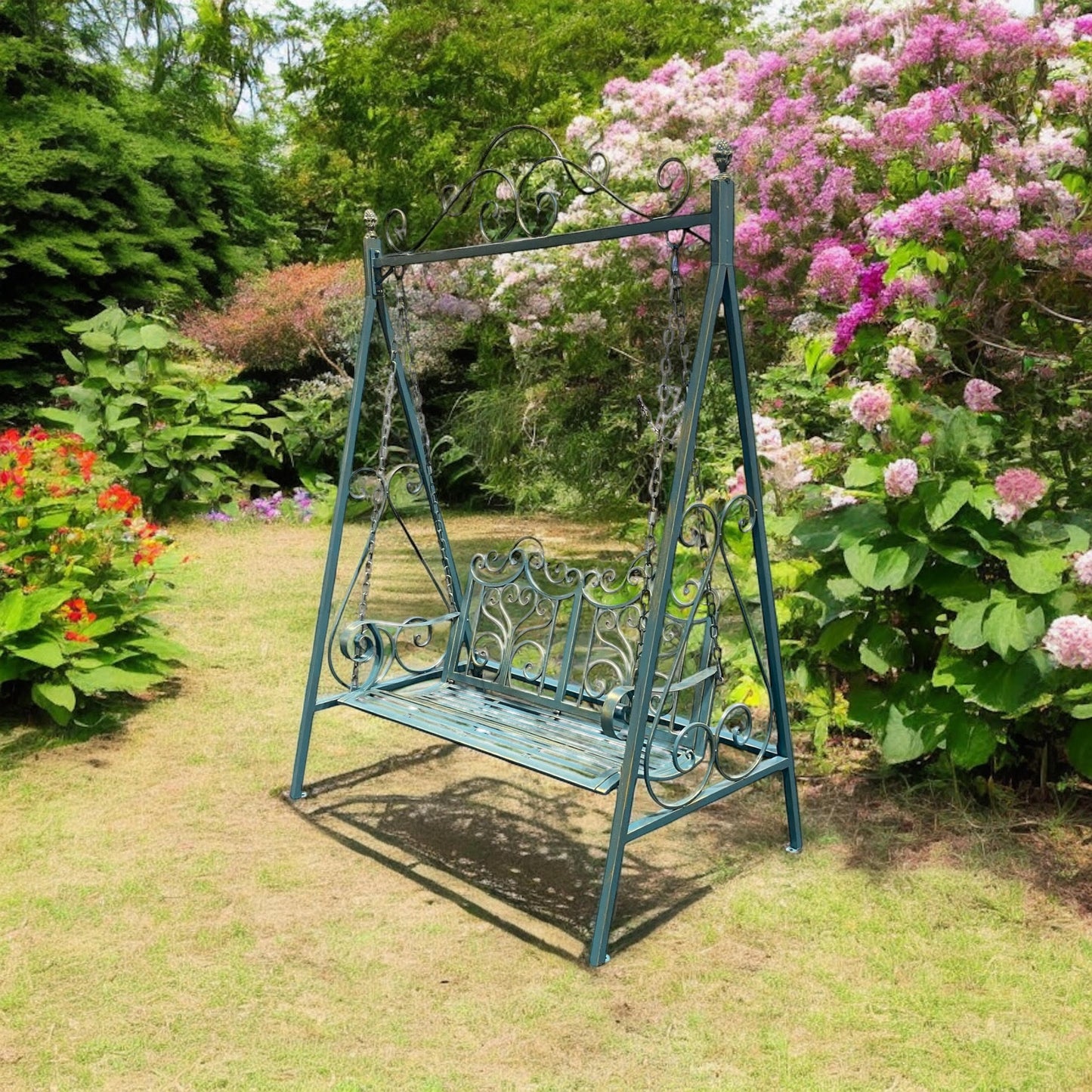 Durable & Stylish Blue Gold Metal Swing Chair Garden Hammock 2-Seater - Outdoor Patio Bench with Adjustable Chains, Rocking Motion & Weather-Resistant Finish use for Garden Relaxation