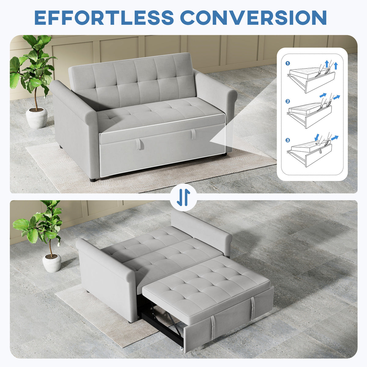 HOMCOM Two-Seater Velvet-Feel Sofa Bed - Grey