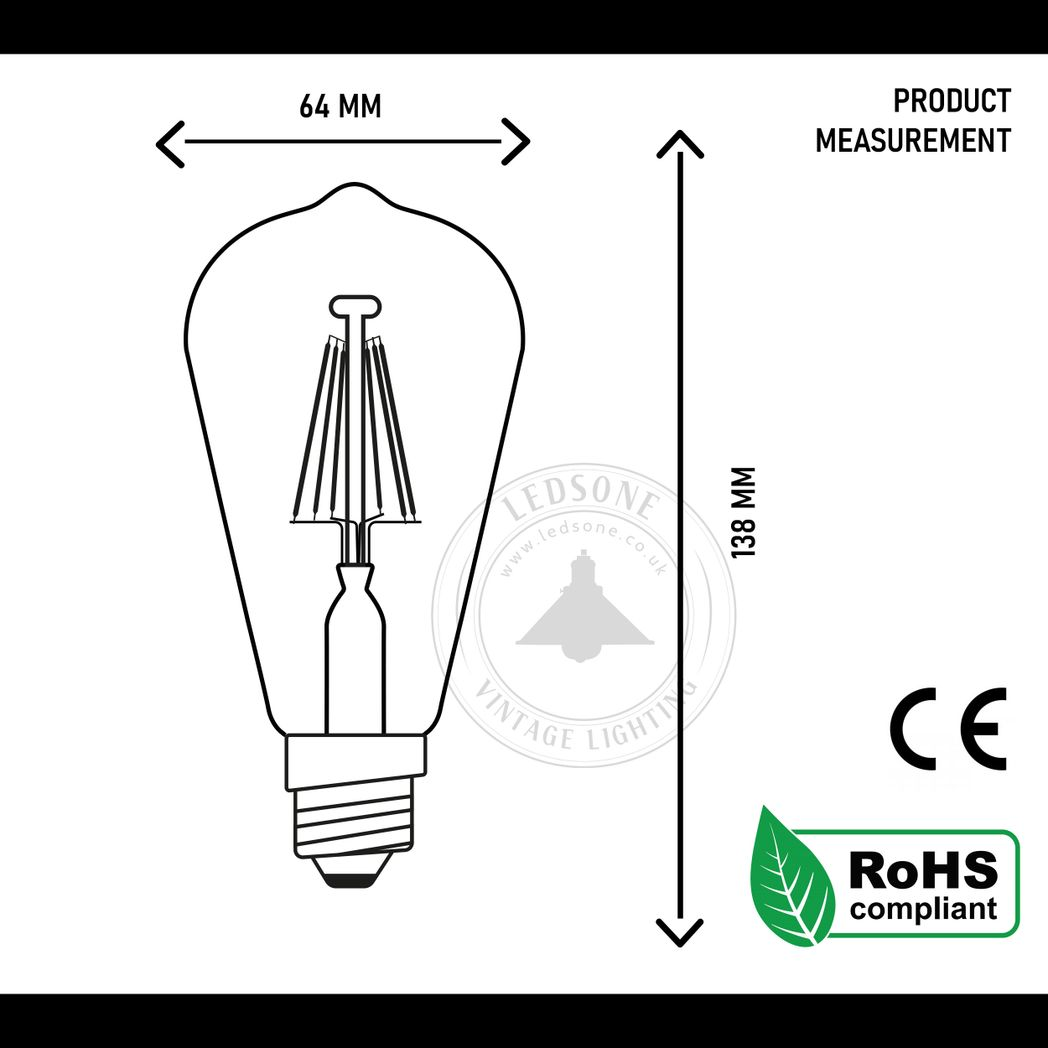 5Pack E27 LED Edison Dimmable Vintage Amber Glass Warm white 2700K Light Bulb,
