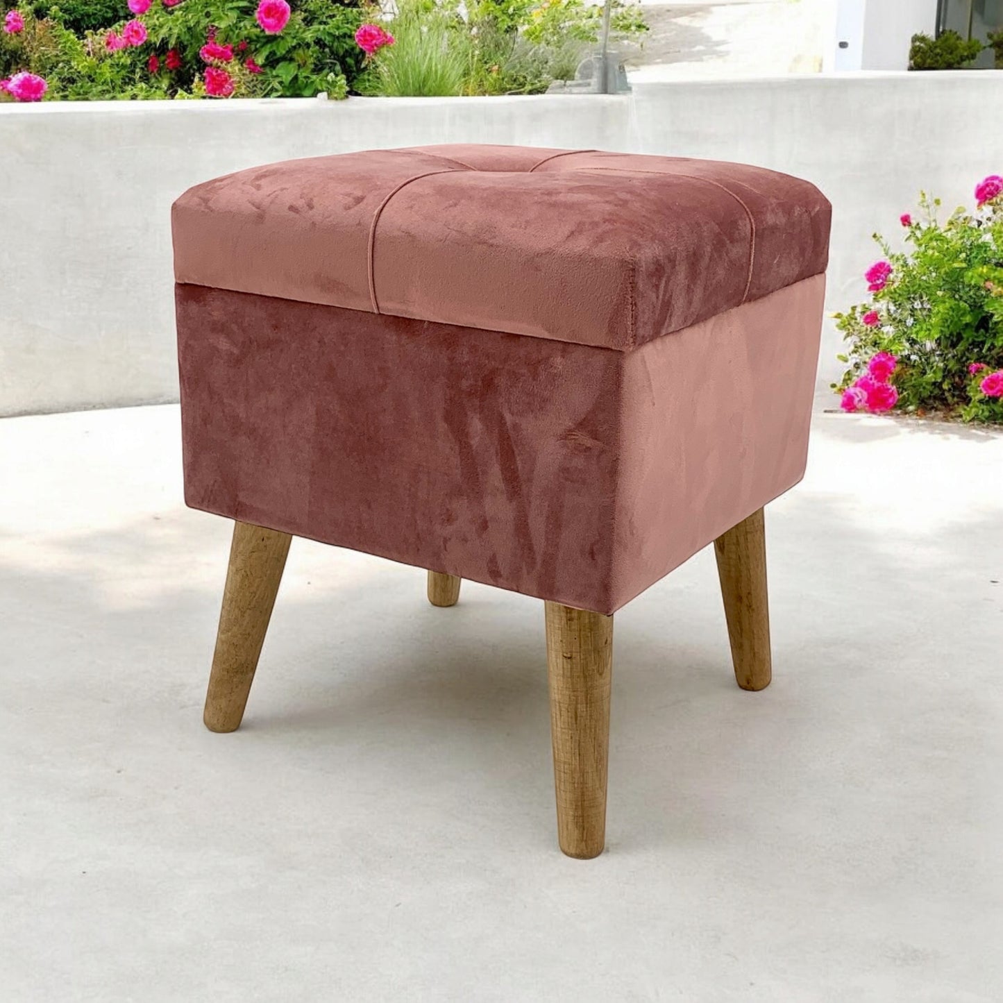 AcaciaHome Stylish & Durable Living Velvet Ottoman Footstool with Lift-Up Storage, Square Design, Traditional Pattern, Comfortable Medium Firmness for Living Room, Office or Lounge (Pink, Square)