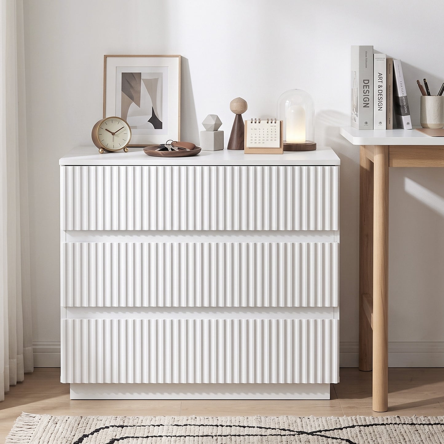 Handleless Grille-Finished 3-Drawer Bedside Table P2 Particleboard + MDF & Melamine Veneer + Thermoformed Drawer Dresser 23.62*12.99*22.05in White