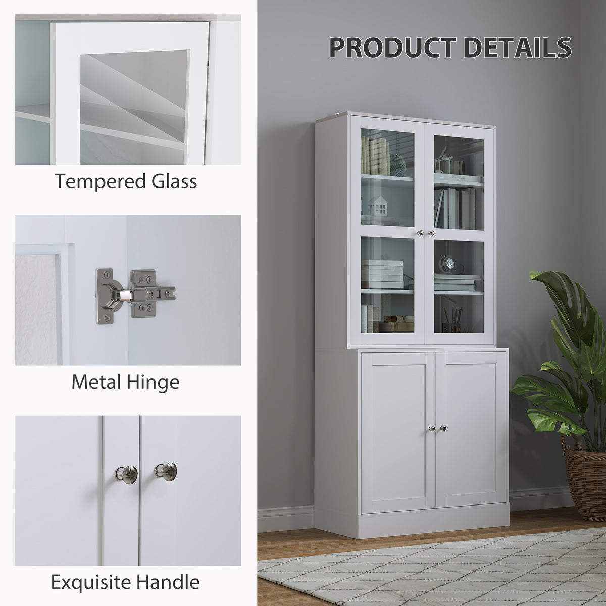 HOMCOM Double Storage Display Cabinet with Adjustable Shelves, MDF - White