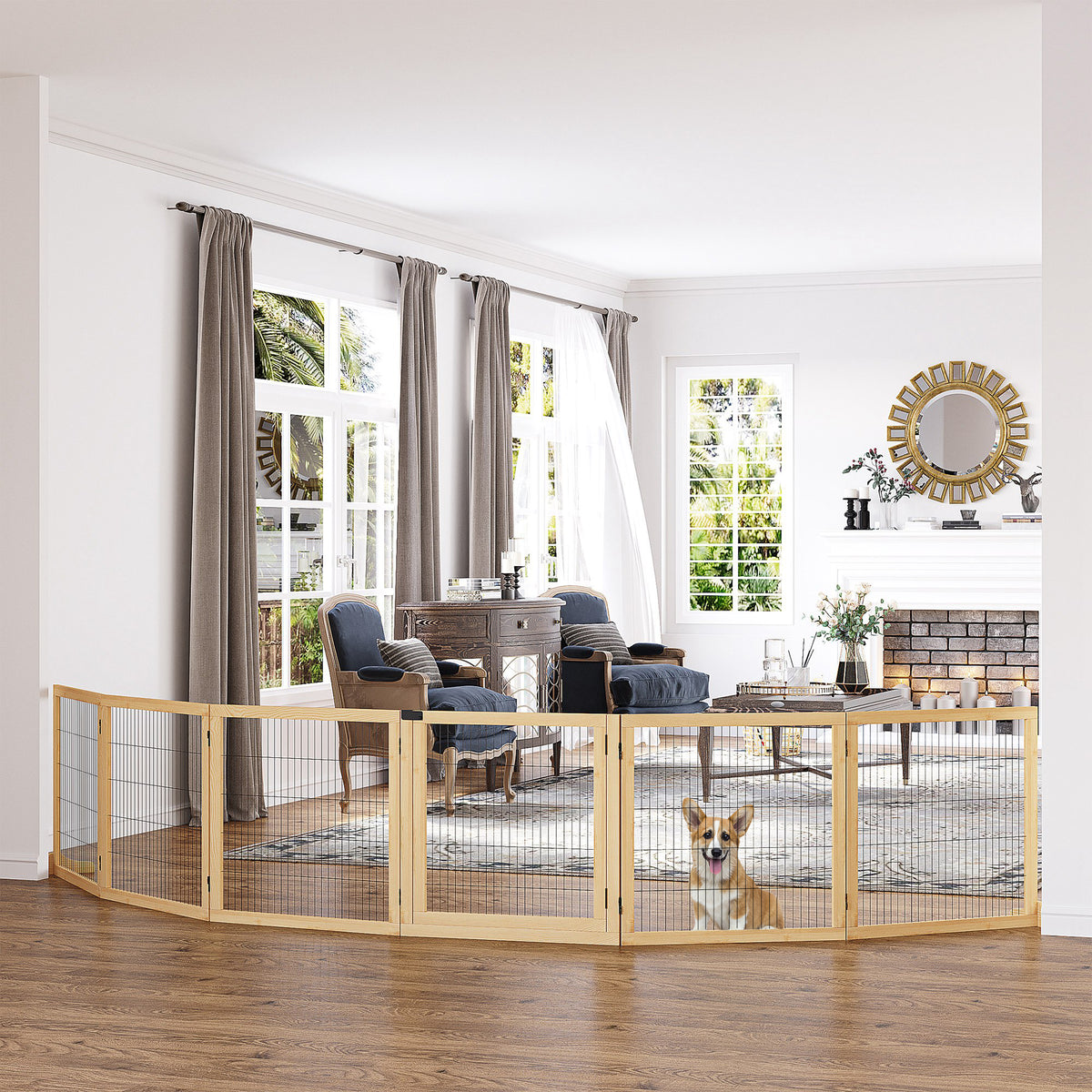 PawHut Wooden Pet Gate, Freestanding Dog Security Barrier with Two Support Feet - Natural Tone