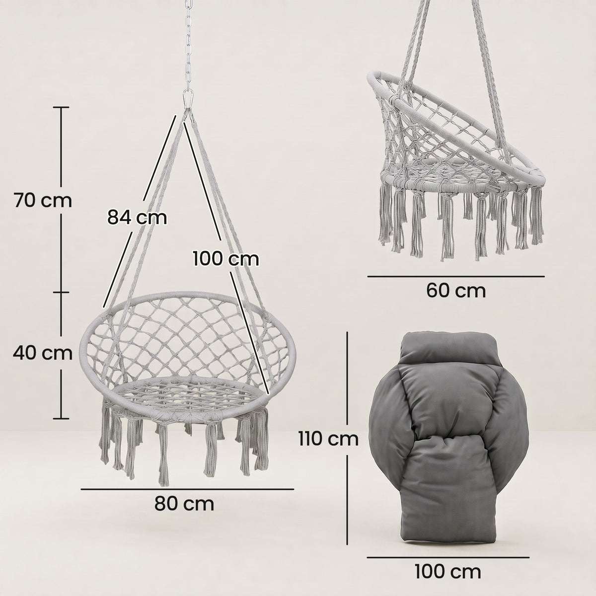 Outsunny Hanging Chair Outdoor Hammock Chair with Soft Cushion, Cotton Rope Boho Style Swing Chair, Hanging Garden Swing Seat for Indoor Outdoor, Dark Grey