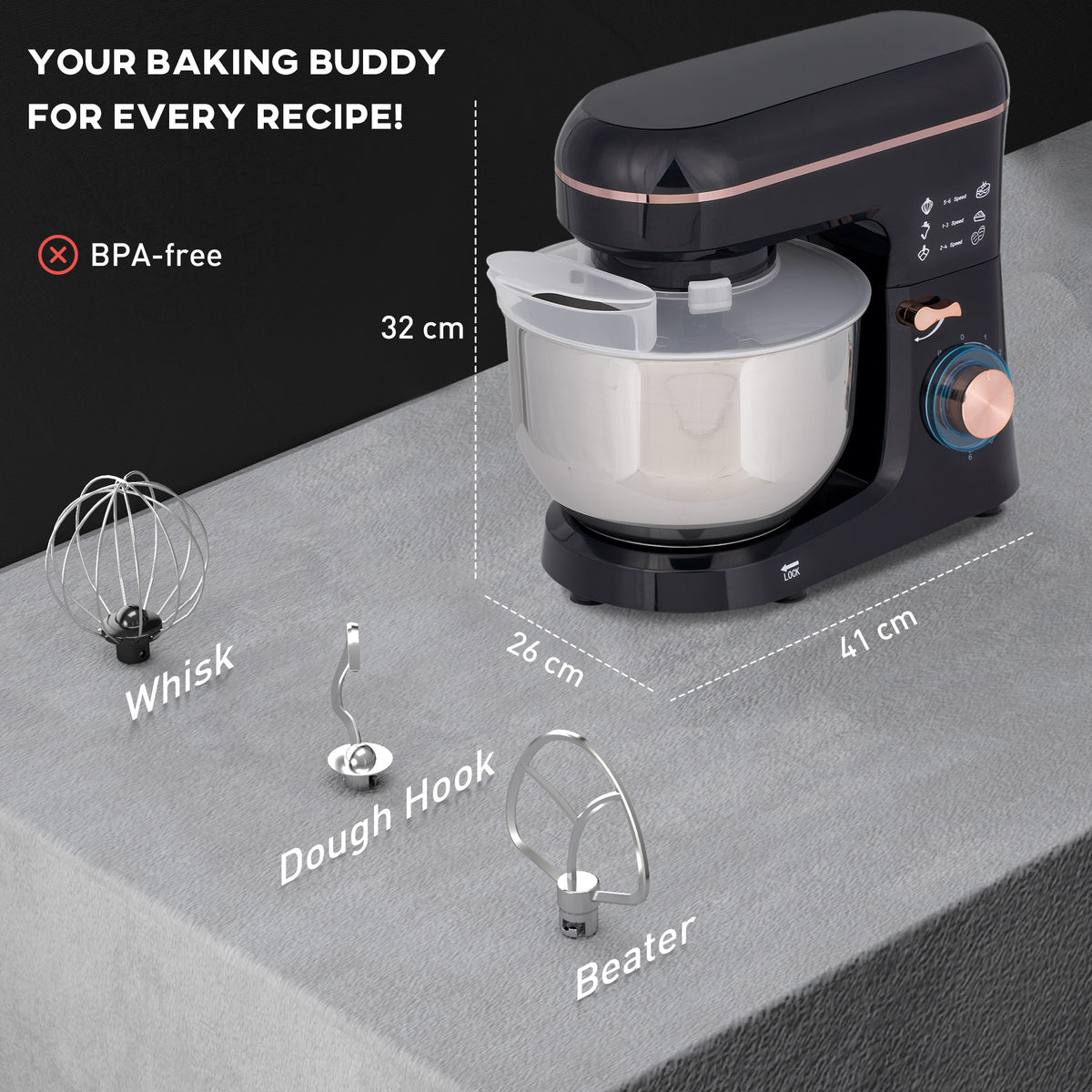 HOMCOM Stand Mixer, 5L Food Mixer for Baking, 6 Speeds and Pulse Setting, 1400W Cake Electric Kitchen Mixer with Dough Hook, Whisk, Stainless Steel Bowl, Splash Guard, Beater, Black
