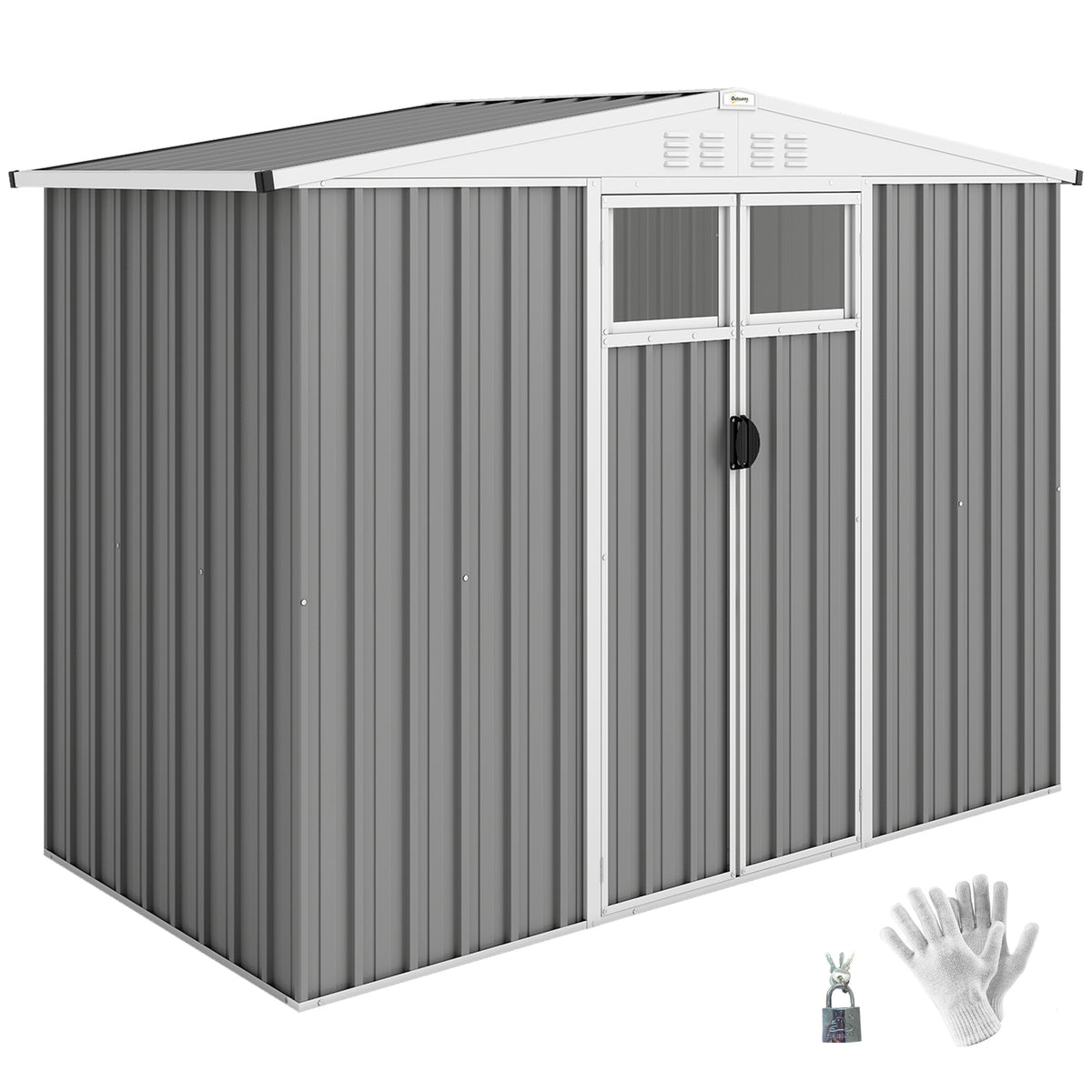 Outsunny 8 x 4 ft Metal Garden Shed, Garden Storage Shed with Window, 4 Vents and Lockable Door, Waterproof Galvanised Steel Tool Storage Shed, Light Grey