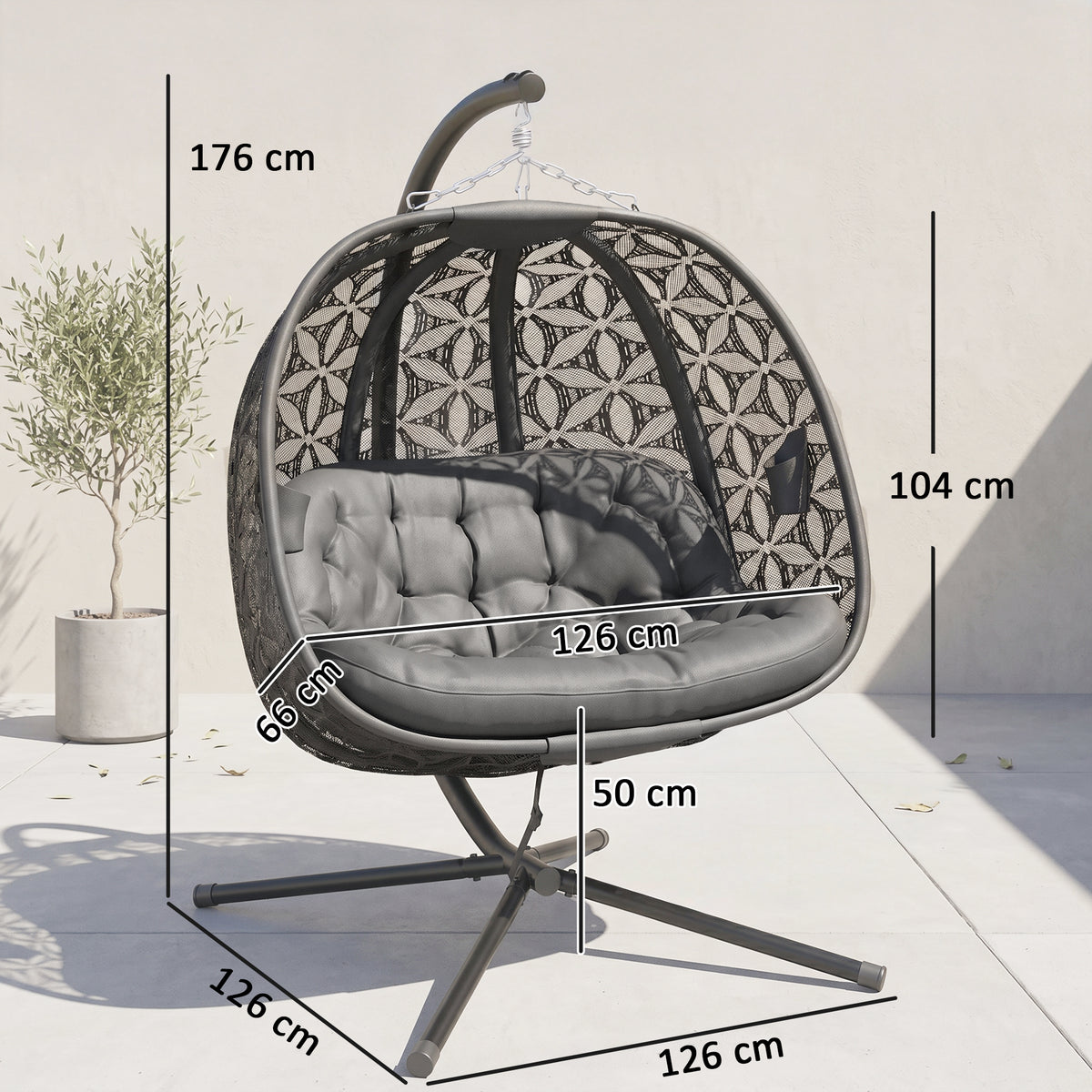 Outsunny Outdoor Double Hanging Chair with Cushion and Cup Holders, Charcoal Grey