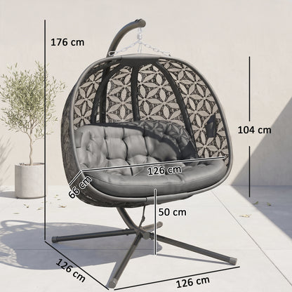 Outsunny Outdoor Double Hanging Chair with Cushion and Cup Holders, Charcoal Grey
