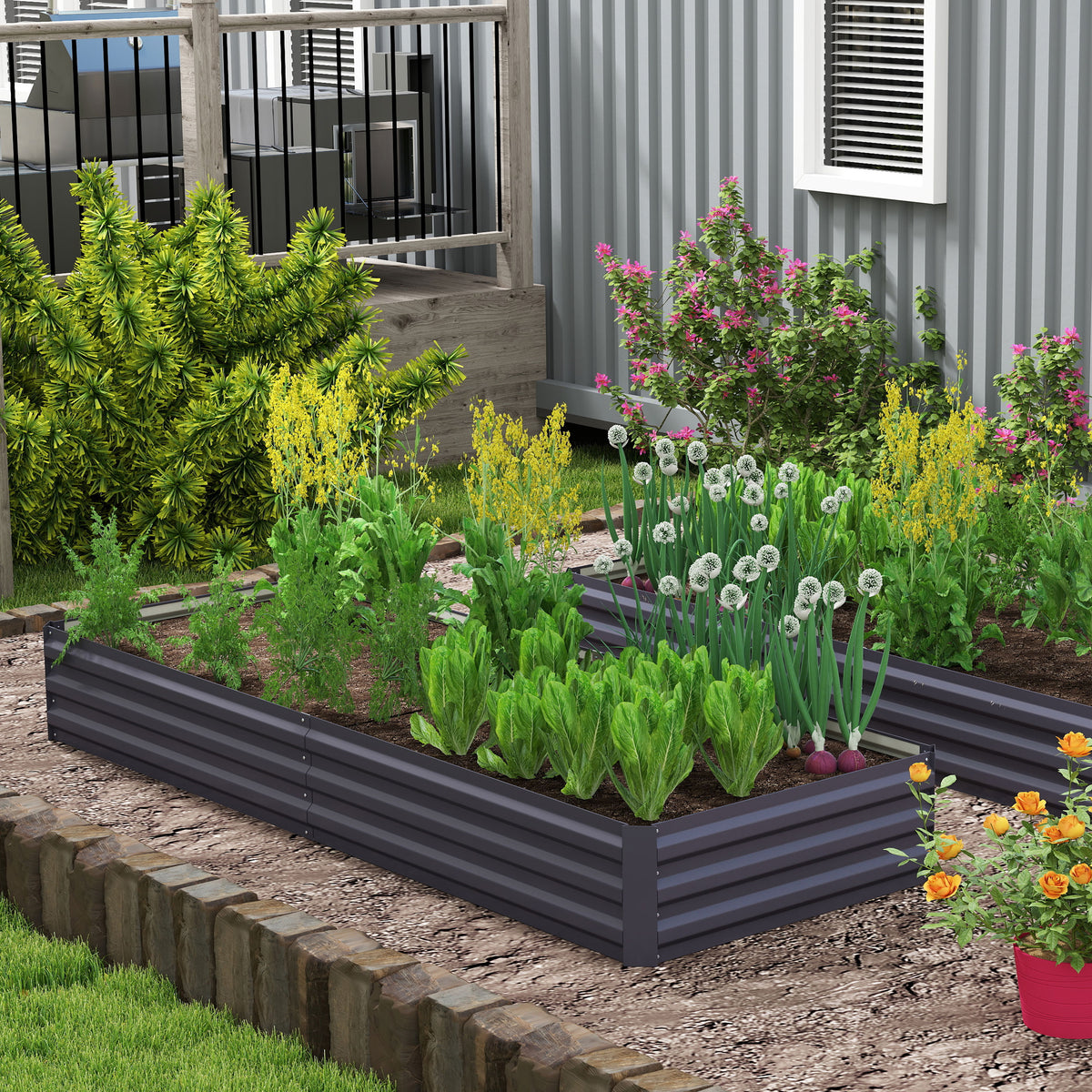 Outsunny Metal Raised Garden Bed Planter Box Outdoor Planters for Growing Flowers, Herbs, Grey, 241x90.5x30cm