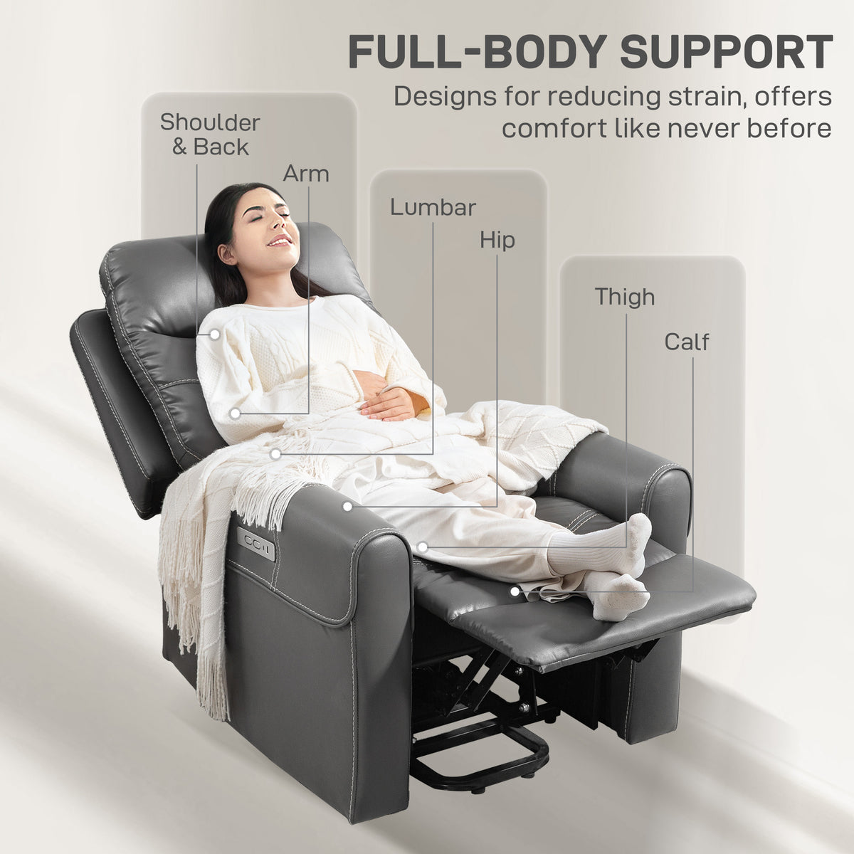 HOMCOM Power Lift Recliner Chair for Elderly, Overstuffed Faux Leather Riser and Reclining Chair with USB A+C Ports, Recliner Armchair for Living Room, Charcoal Grey