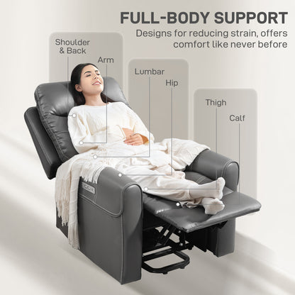 HOMCOM Power Lift Recliner Chair for Elderly, Overstuffed Faux Leather Riser and Reclining Chair with USB A+C Ports, Recliner Armchair for Living Room, Charcoal Grey