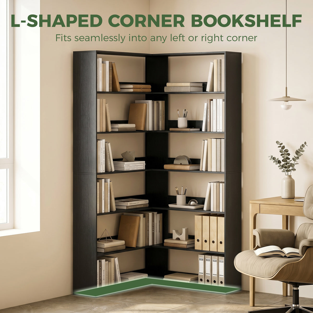 HOMCOM 7 Tiers Bookshelf, L-Shaped Corner Bookcase with Anti-Slip Rear Guard, Black Wood Effect