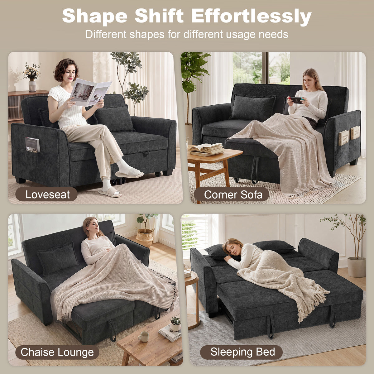 HOMCOM 2 Seater Sofa Bed, 4-in-1 L-Shaped Convertible Pull-Out Sleeper Sofa with Adjustable Backrest and Side Pockets, Black