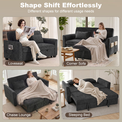 HOMCOM 2 Seater Sofa Bed, 4-in-1 L-Shaped Convertible Pull-Out Sleeper Sofa with Adjustable Backrest and Side Pockets, Black