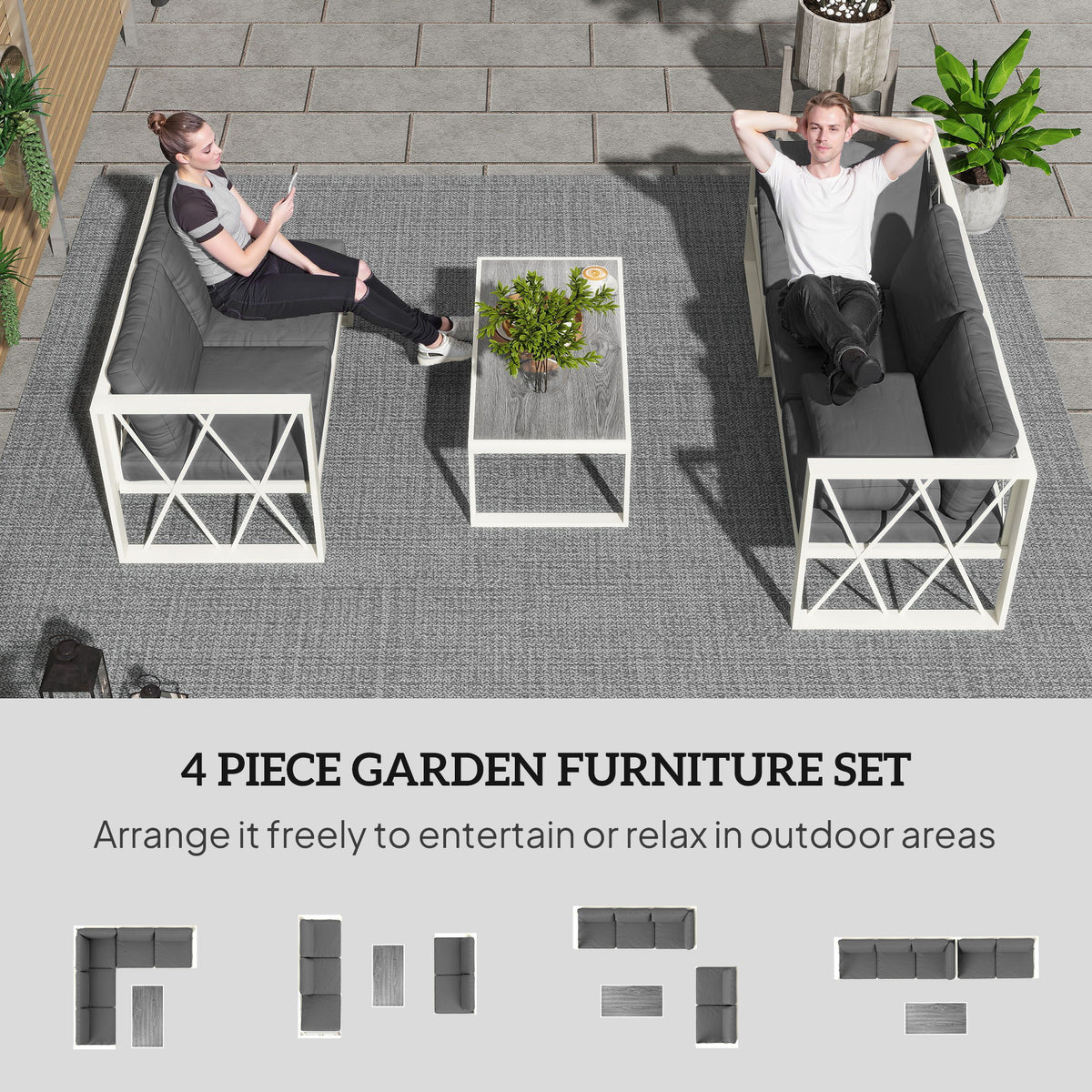 Outsunny Four-Piece L Shaped Garden Furniture Set with 5-Level Adjustable Lounger - Grey