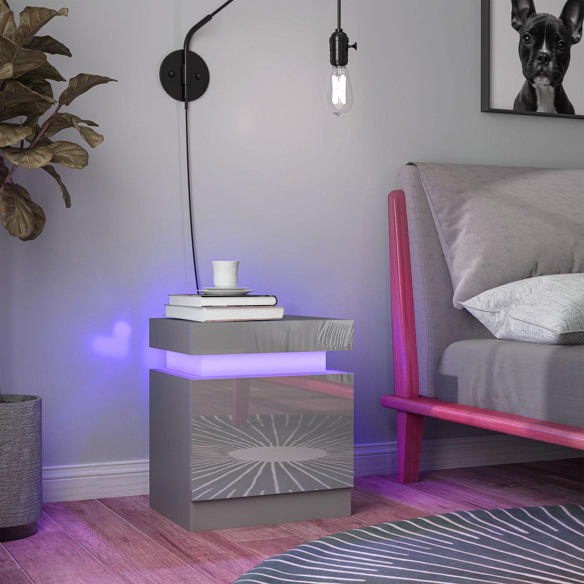 HOMCOM Grey Bedside Table with LED Light, High Gloss Front Nightstand with 2 Drawers, for Living Room, Bedroom