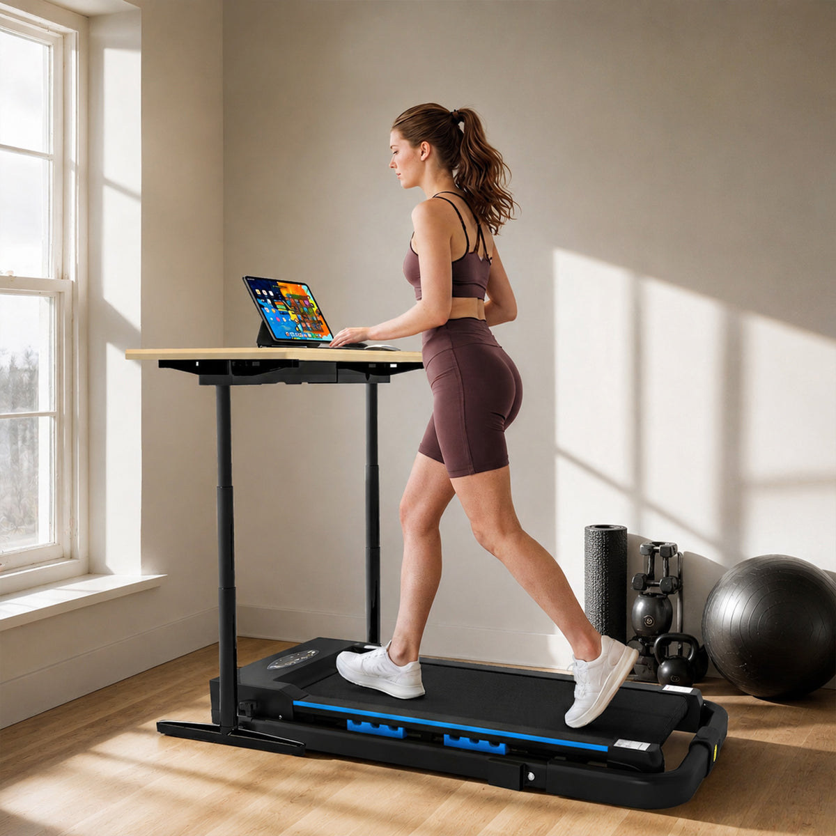 HOMCOM Folding Motorised Home Treadmill Walking Machine with LCD Monitor, Blue