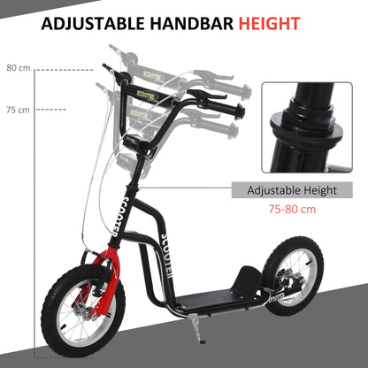 HOMCOM Teen Kick Scooter with Adjustable Handlebar, Inflatable Wheels, Two Brakes, Black