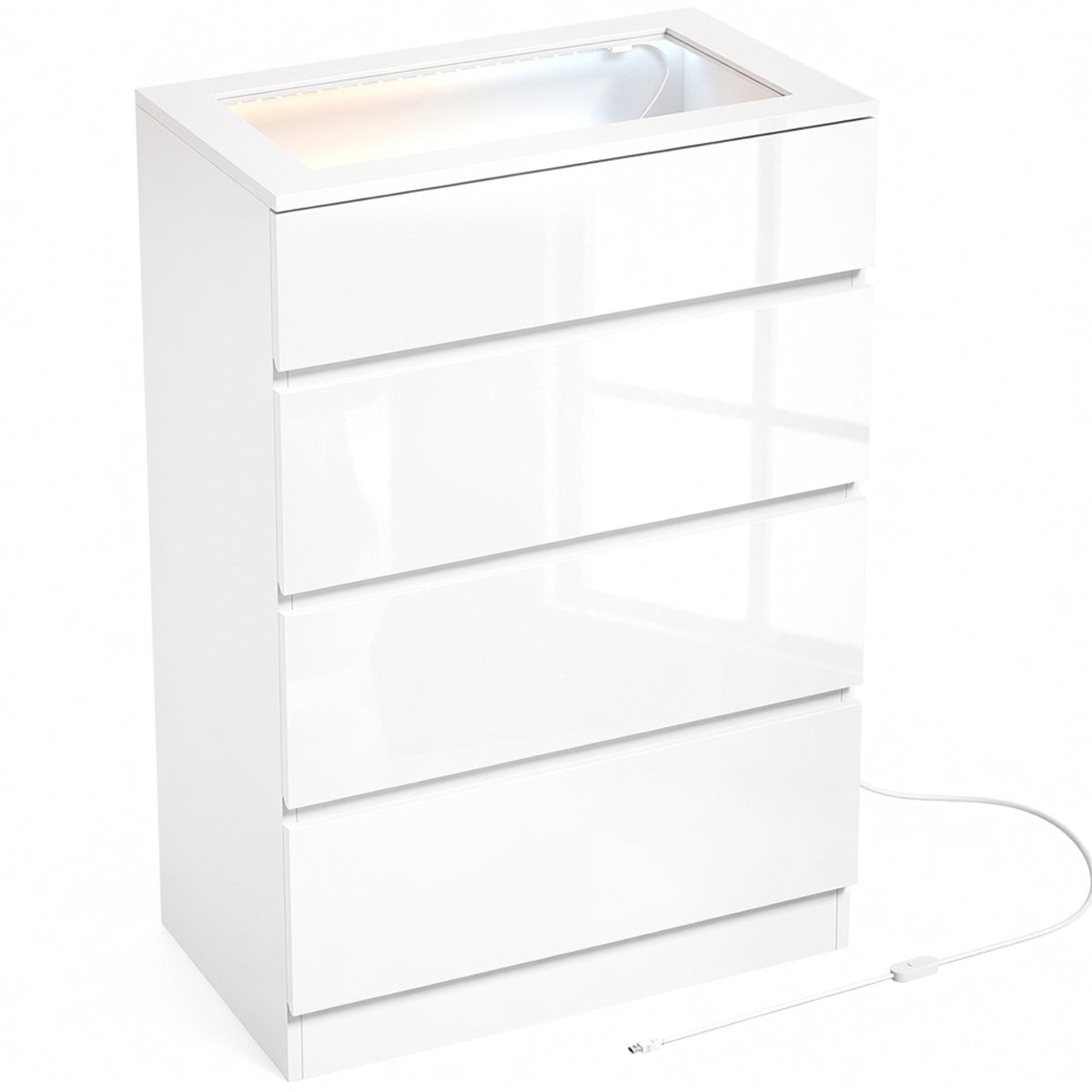 HOMCOM High Gloss 4 Drawer Chest of Drawers with Glass Top and RGB LED Lights, Dresser with Jewelry Organizer, APP Control