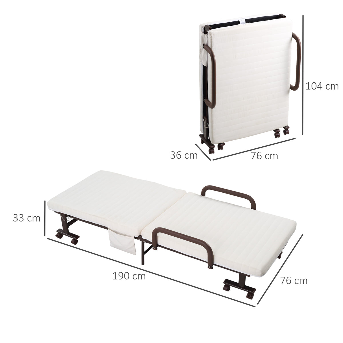 HOMCOM Folding Bed with Mattress, Single Guest Bed, Portable Fold Bed with Adjustable Backrest, White