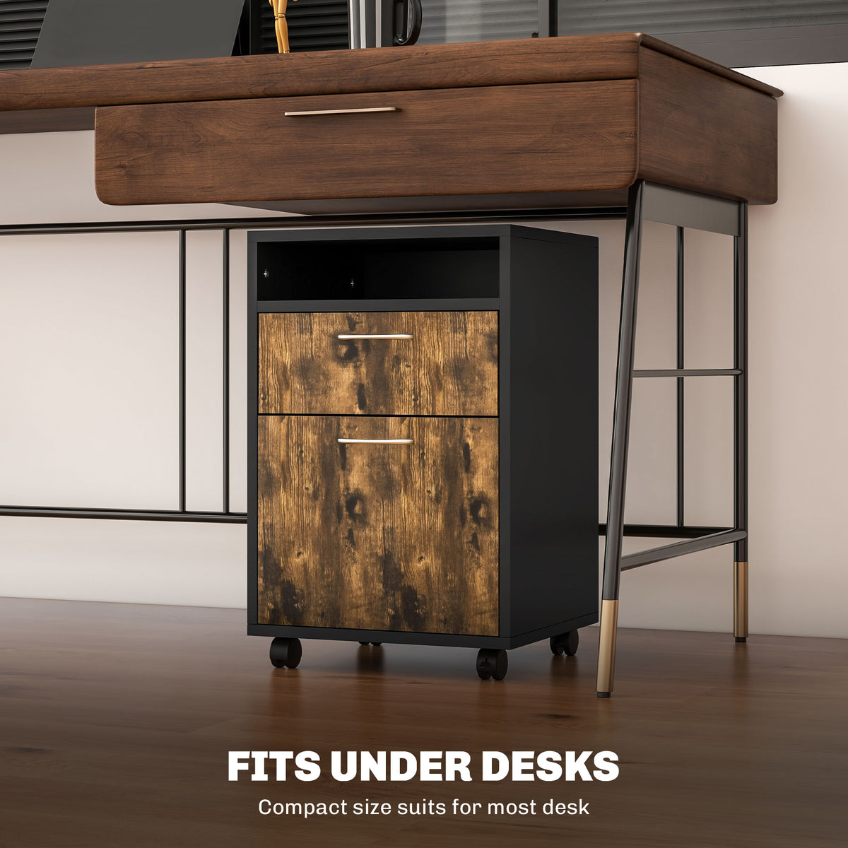 HOMCOM Filing Cabinet, Mobile File Cabinet with 2 Lockable Drawers, Office Home Organiser on Wheels for A4, Letter-Size File Folders, Mobile Printer with Open Shelf, Rustic Brown