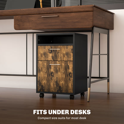 HOMCOM Filing Cabinet, Mobile File Cabinet with 2 Lockable Drawers, Office Home Organiser on Wheels for A4, Letter-Size File Folders, Mobile Printer with Open Shelf, Rustic Brown