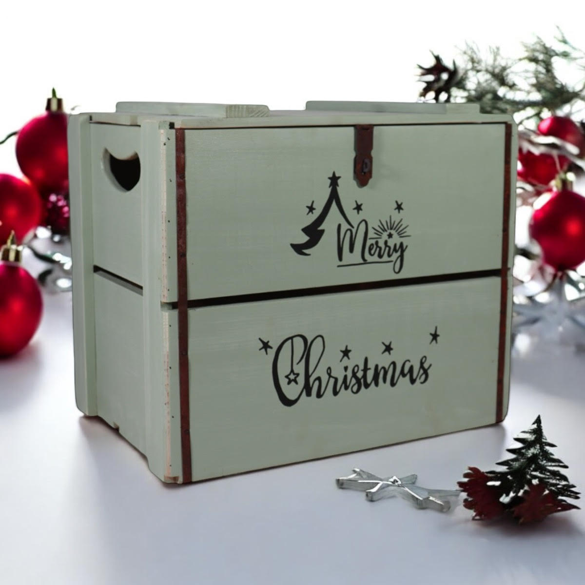 AcaciaHome Vintage and Charming Rustic Merry Xmas Storage Crate – Stackable and Durable Xmas Eve Wooden Box with Dust-Proof, Freestanding, Non-Lidded with Handle for home, garden (Vintage Green)