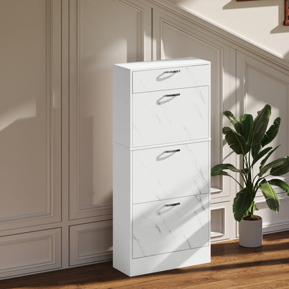 HOMCOM Marble Shoe Storage Cabinet with 3 Flip Drawers, Hallway Cabinet with Top Drawer and Adjustable Shelves, Shoe Cupboard for 18 Pairs, White