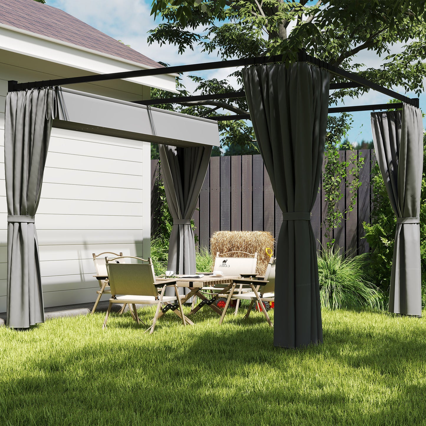 Outsunny 3 x 3(m) Pergola with Retractable Roof and Curtains, Light Grey