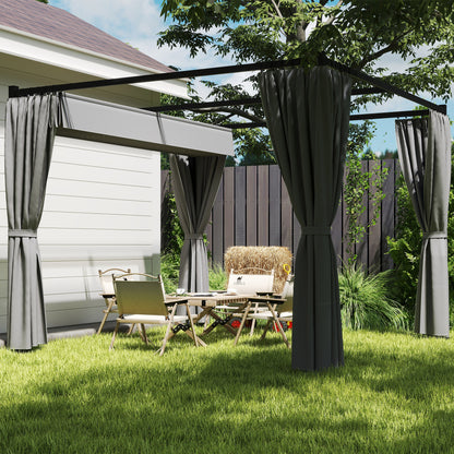 Outsunny 3 x 3(m) Pergola with Retractable Roof and Curtains, Light Grey