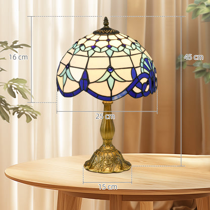 HOMCOM Tiffany Stained Glass Table Lamp, Handmade Antique Bedside Lamp for Bedroom, Living room, Home, Nightstand, Decorative Night Light, Blue