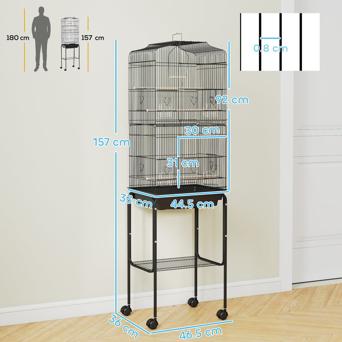 PawHut Bird Cage Budgie Cages for Finch Canary Parakeet with Stand Wheels Slide-out Tray Accessories Storage Shelf, Black 46.5 x 36 x 157 cm