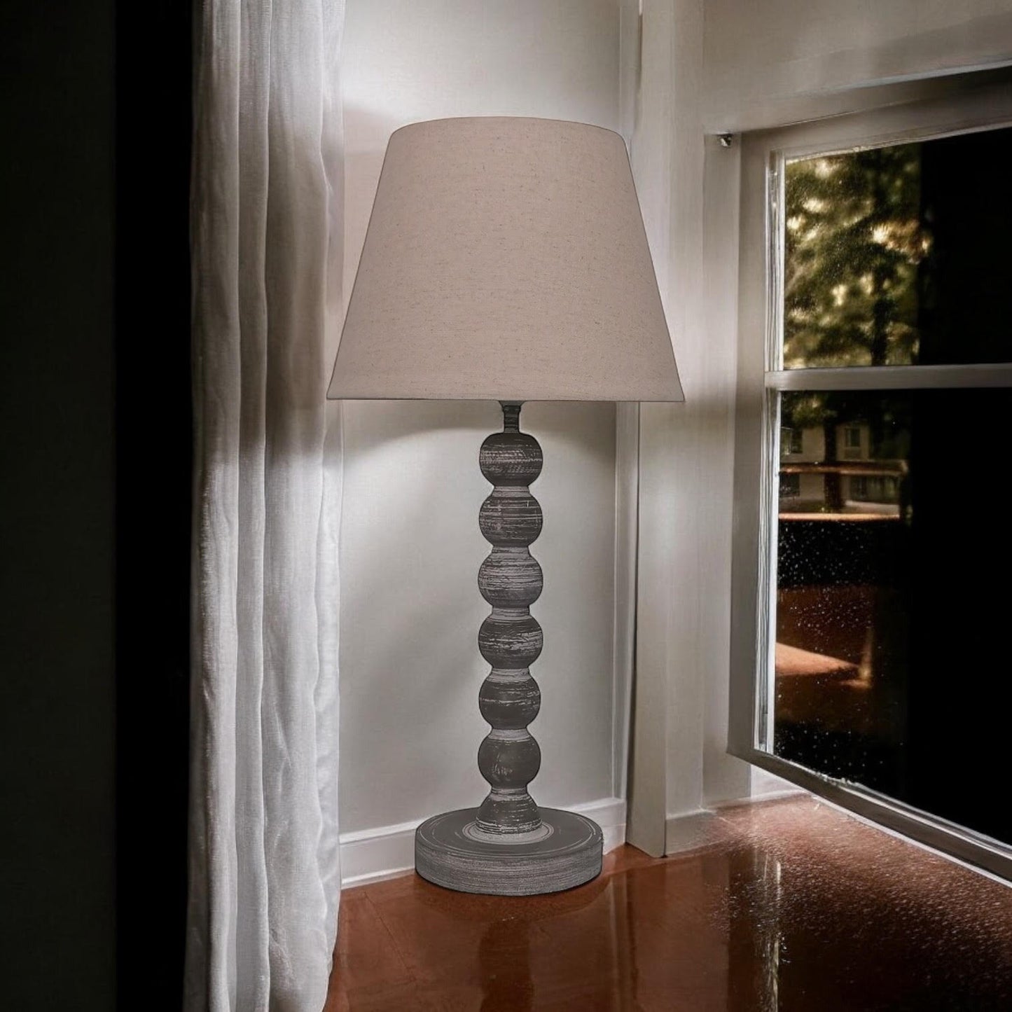 AcaciaHome Modern Tall Wooden Washed Table Lamp - Traditional Shabby Chic Design with Taupe Linen Shade, Wood Effect Finish for Living Rooms, Bedrooms, or Hallways Decor (42cm Dark Grey with Shade)